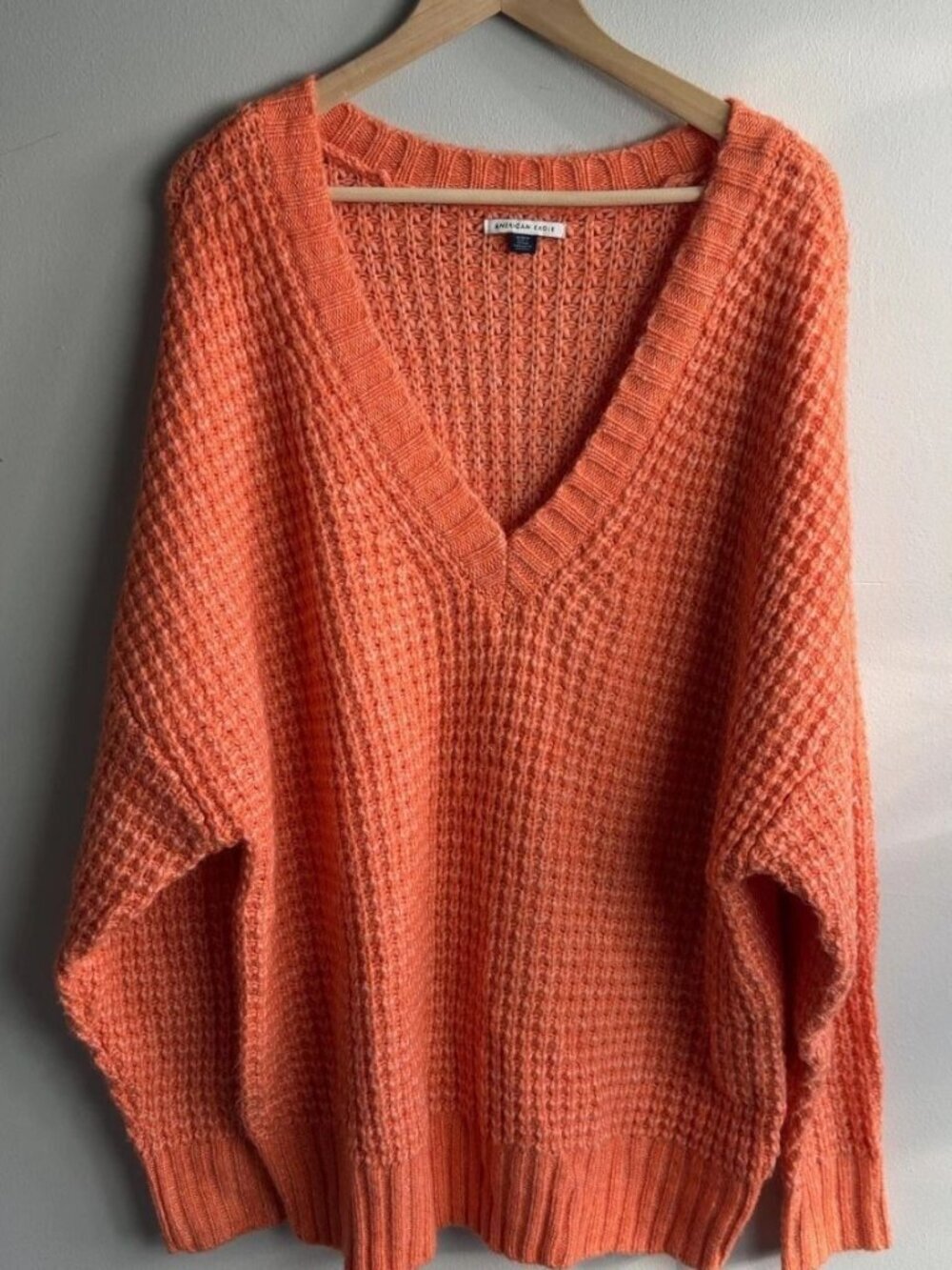 American Eagle Women's Oversized V-Neck Waffle Knit Sweater Orange Size Medium
